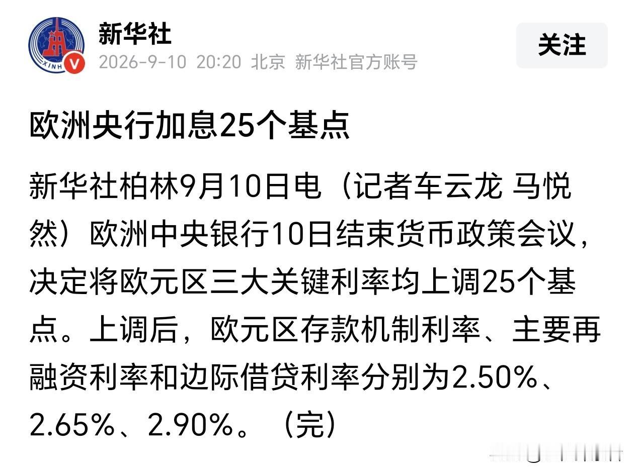 欧洲央行今晚宣布将三大关键利率上调25个基点，存款利率升至2.50%，这是今年第