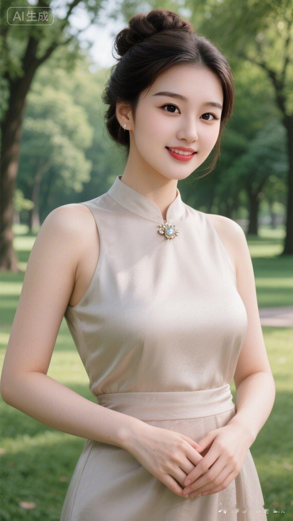 优雅气质，自然妆容，公园里的清新女神！