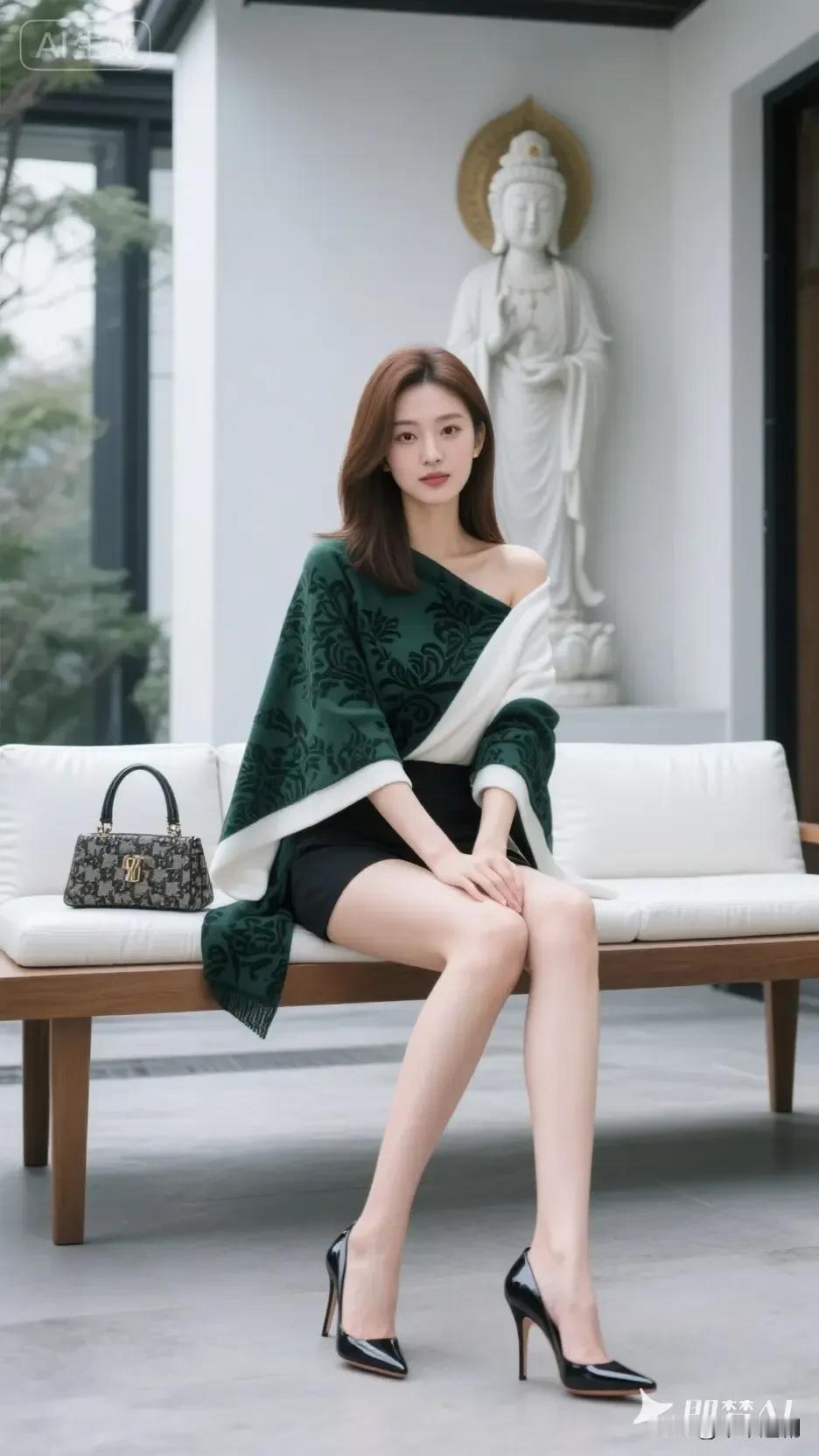墨绿披肩裹着东方韵味，黑裙与高跟鞋勾勒出利落线条，在静谧的禅意空间里，温柔与气场