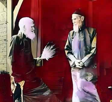 1933年，英国大文豪、诺贝尔文学奖获得者萧伯纳与当时的香港首富何东在一起。萧伯