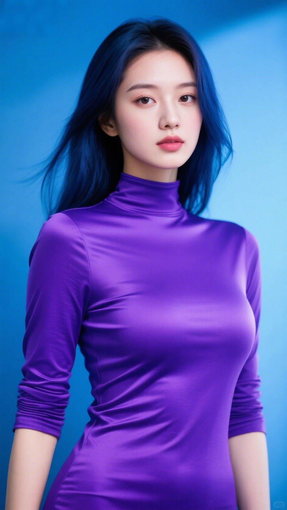 蓝紫相映成清景钴蓝色的背景似揉碎的深海，漫出清透的凉。她的发丝晕着同调的蓝