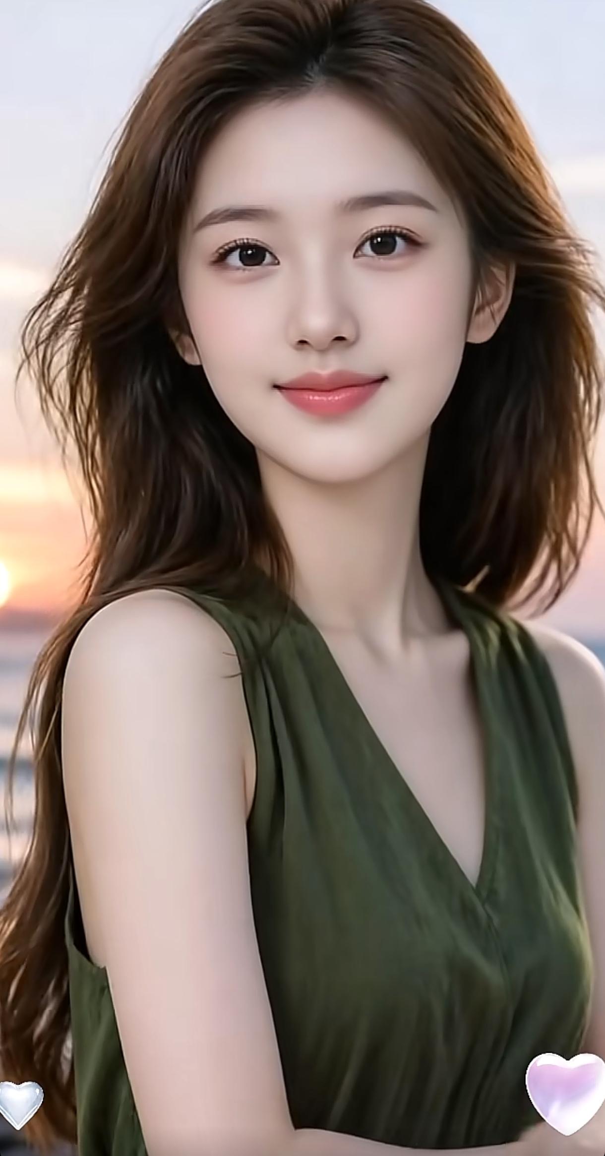 绿衣美人倚夕阳，笑靥如花映海天。分享一张最近随手拍的照片绿裙美人自拍