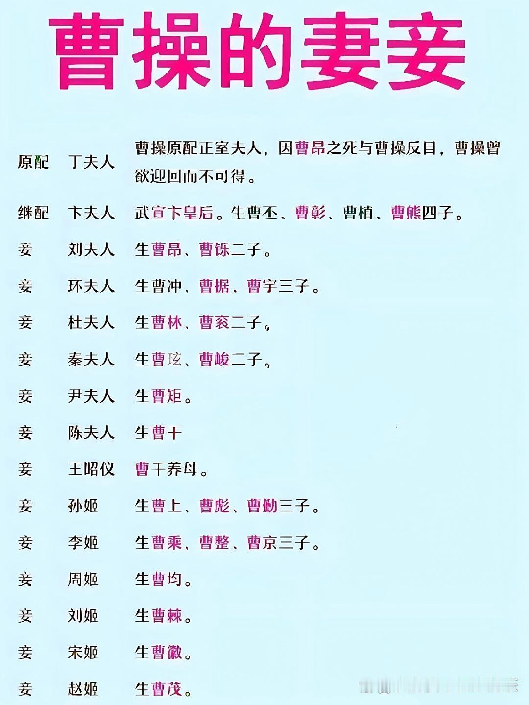 冷知识，卑鄙的圣人曹操的妻妾和儿子一共有多少？