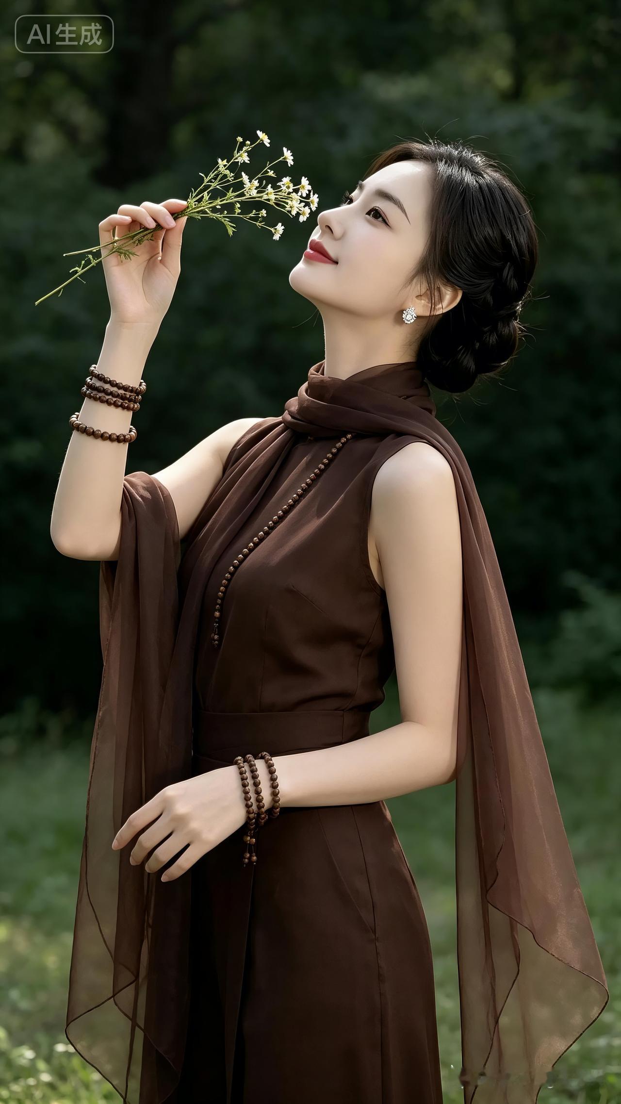 林间闻香林间草木映清光，一袭素衣染棕芳。手拈小花轻嗅赏，珠串绕腕意宁祥。