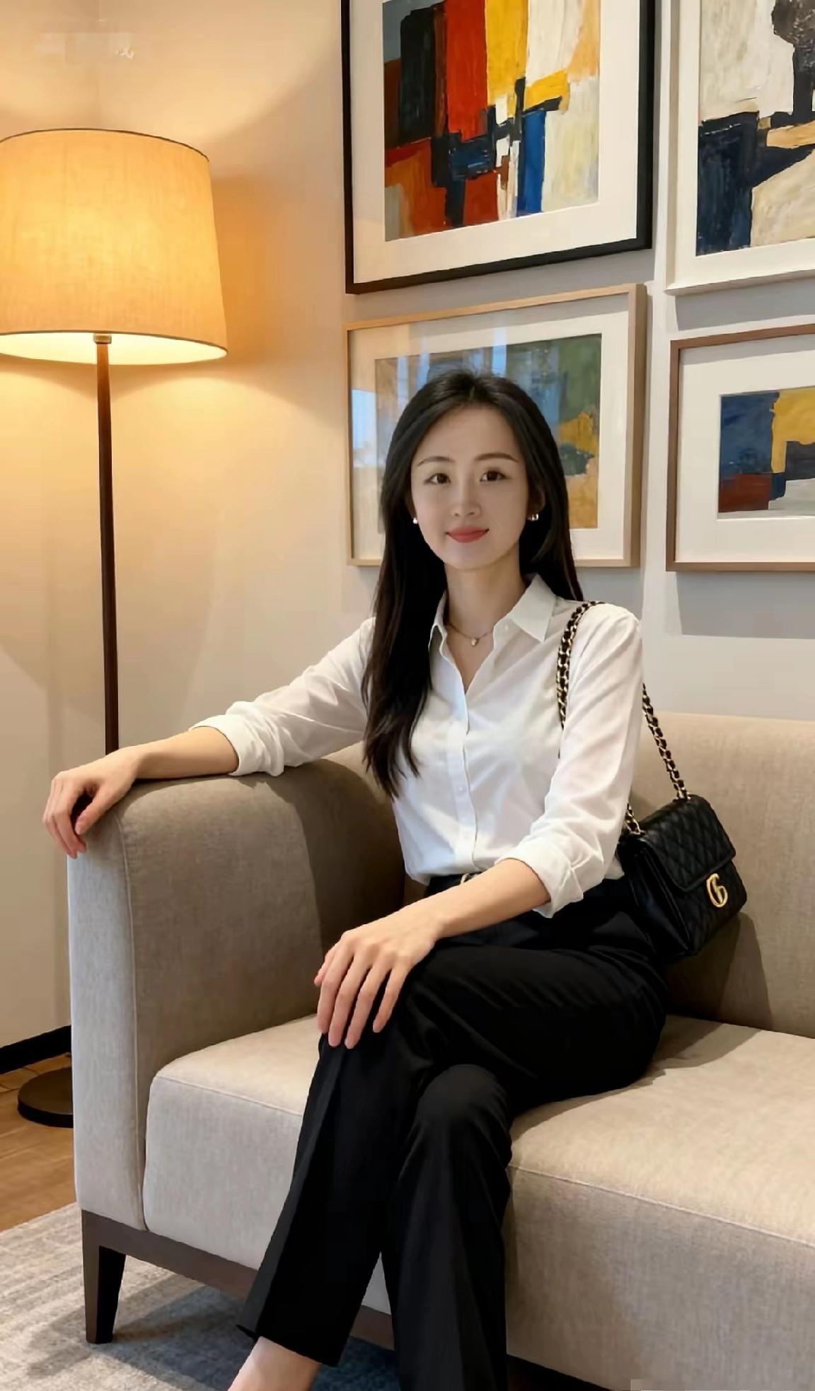 优雅白衬衫搭配黑裤，简约时尚，尽显职场风范！