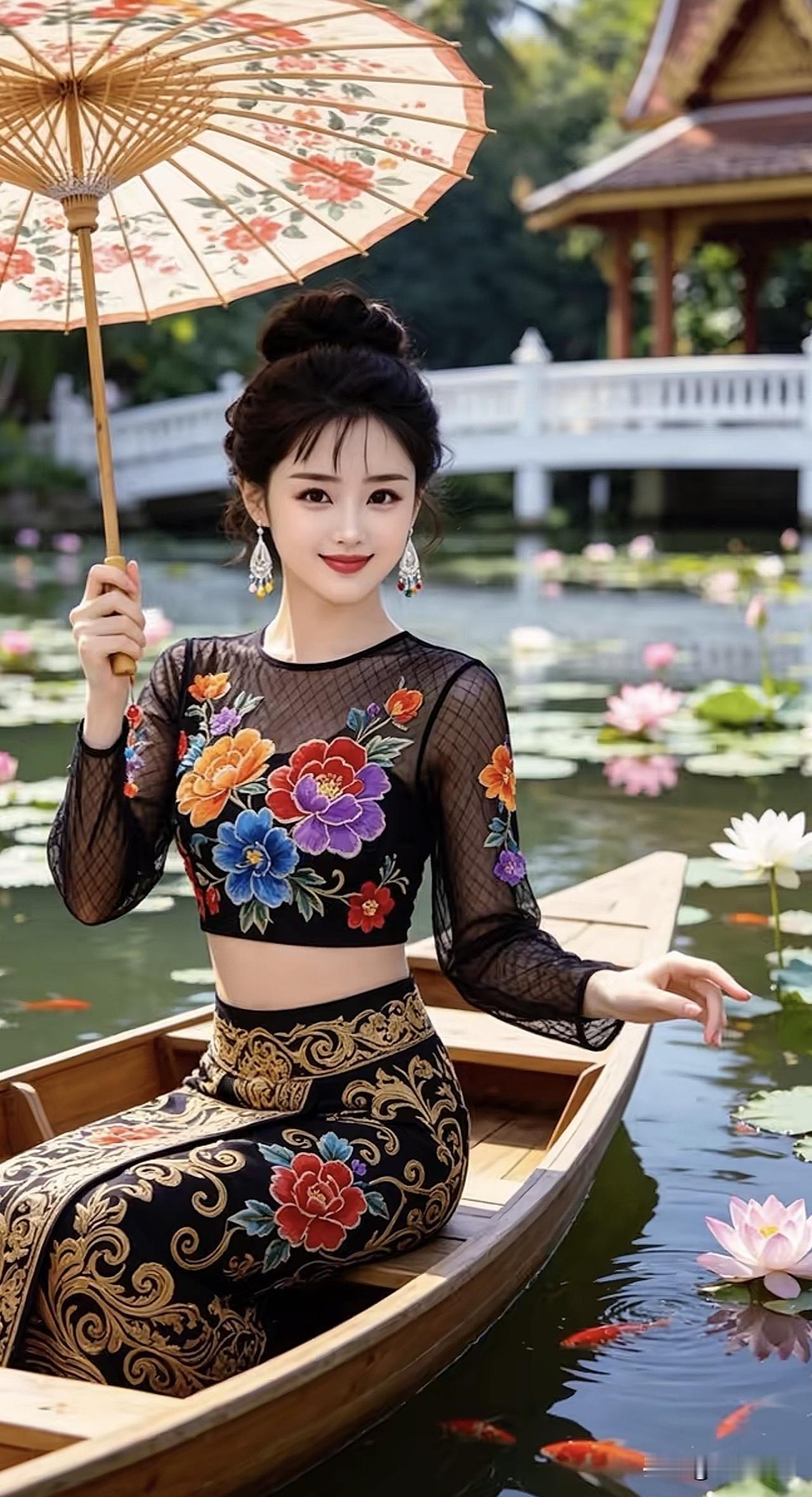 在莲花池中划船，撑着花伞，享受夏日清凉。莲花池畔打卡莲花池自然风光荷中泛舟照