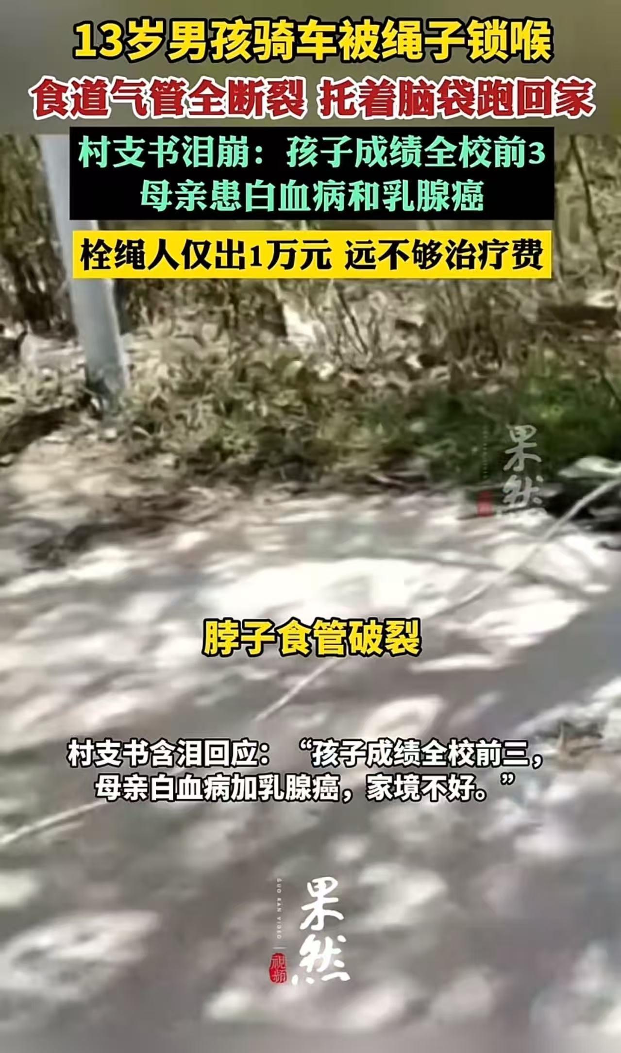 13岁男孩骑车被同村老人私拉绳子锁喉，食道气管全断裂，托着脑袋跑回家！村支书泪崩