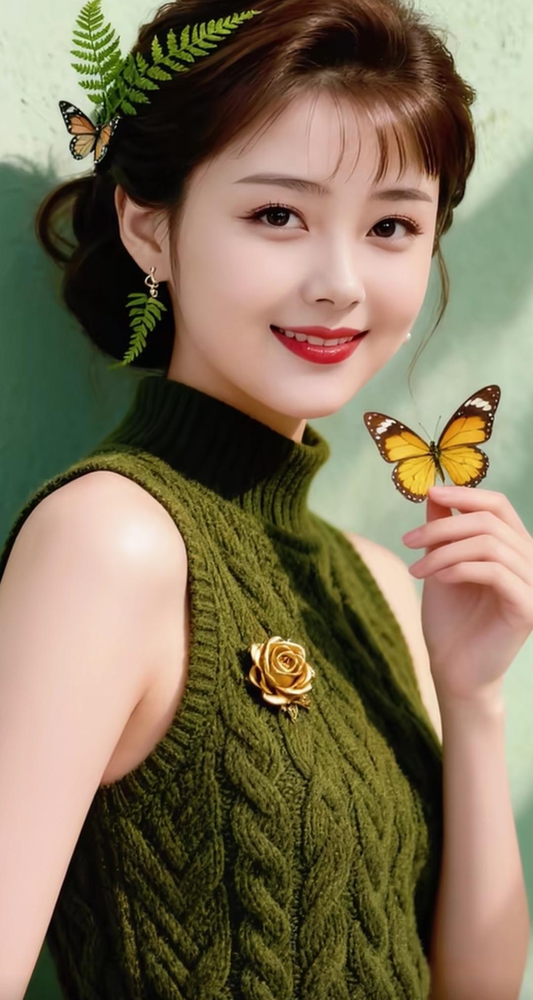 秋日暖阳下的优雅穿搭，绿色毛衣搭配金色玫瑰胸针，蝴蝶翩翩起舞，自然清新。高雅气质