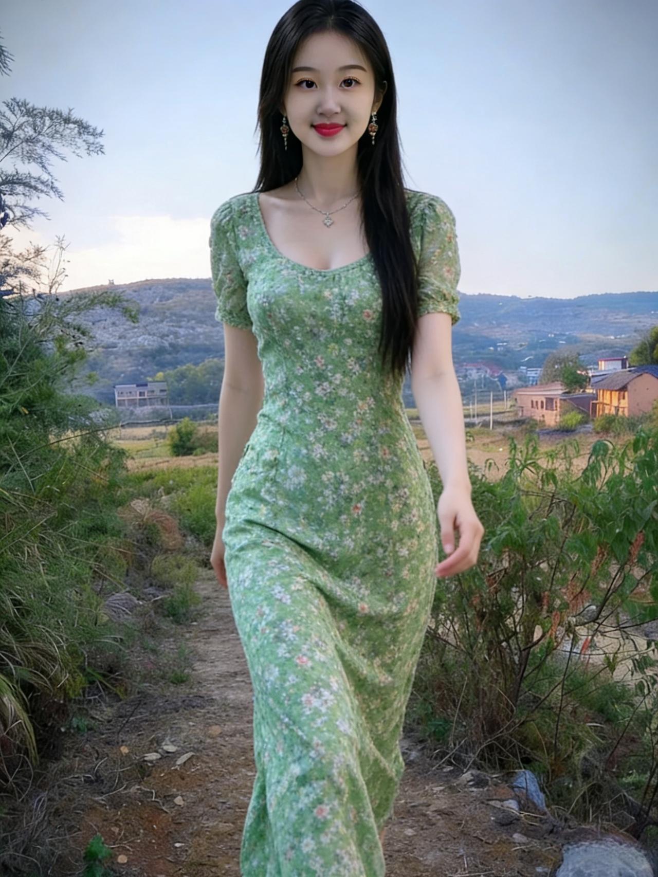 她从城市喧嚣走出来，踏入乡野晚风，绿碎花裙卸去了所有刻意的雕琢。唇角的红，是