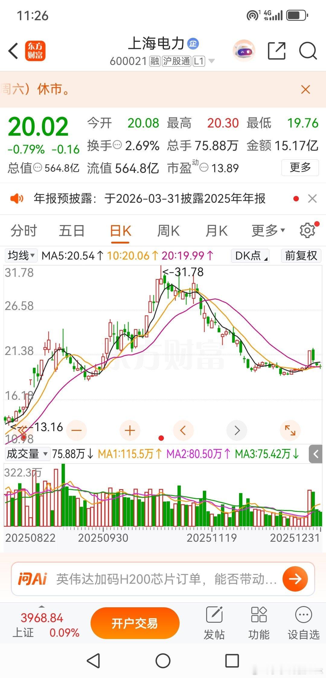 上海电力，会不会再往下来一个诱空的挖坑，两周后再来看看，先养着。财经股票﻿﻿