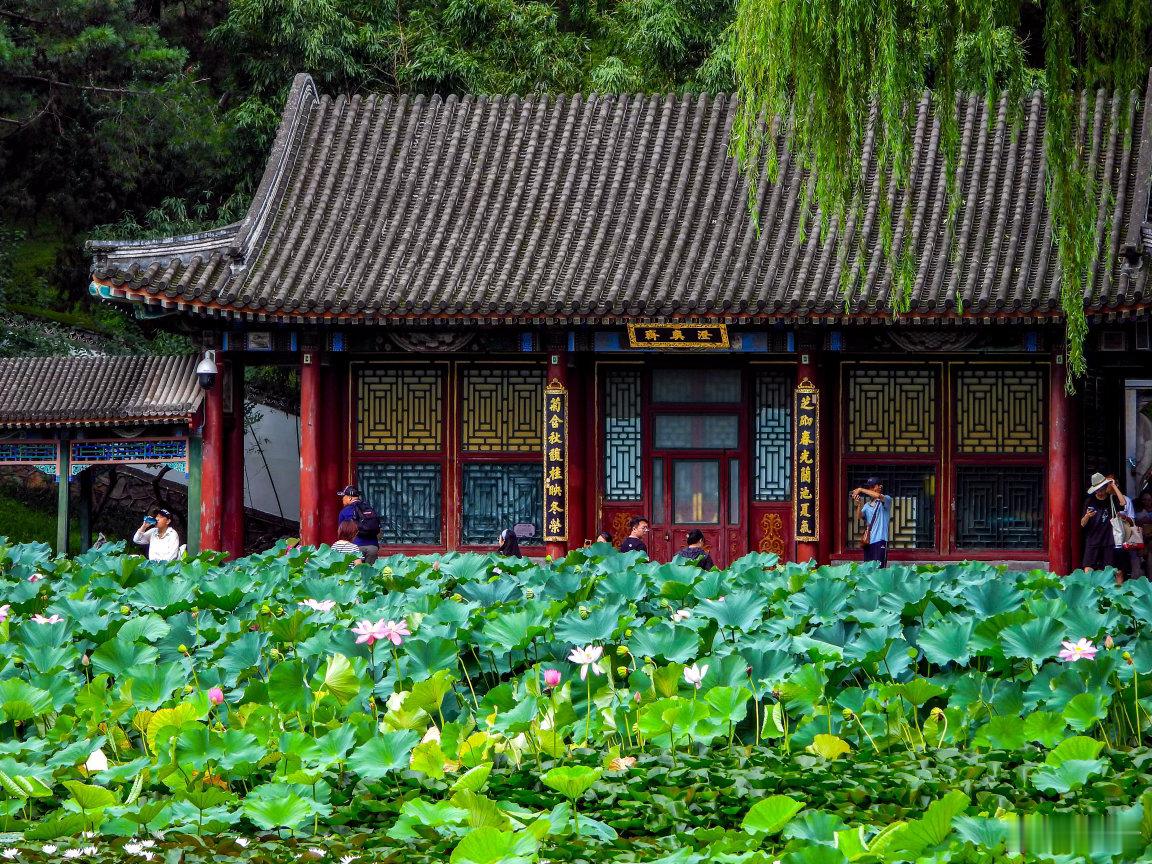 【颐和园谐趣园】御苑藏幽境，宸居气象奢。菱光浮画槛，叶馥绕清洼。古殿凝肃穆，高