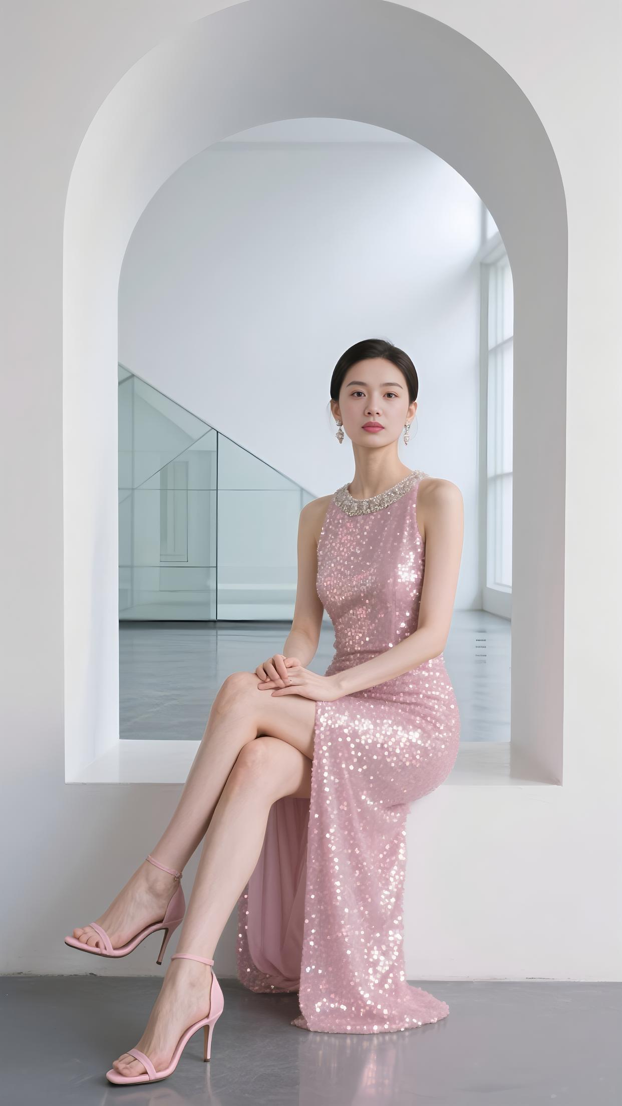 粉亮的裙裾缀满星芒，V领银饰轻吻颈旁。在拱门下坐成风景，长腿随开衩漾起柔浪。眼