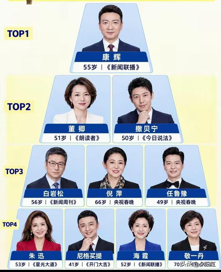 央视十位综艺与新闻领域的主持人，五位先生五位女士，他们分别是：康辉、撒贝宁、董