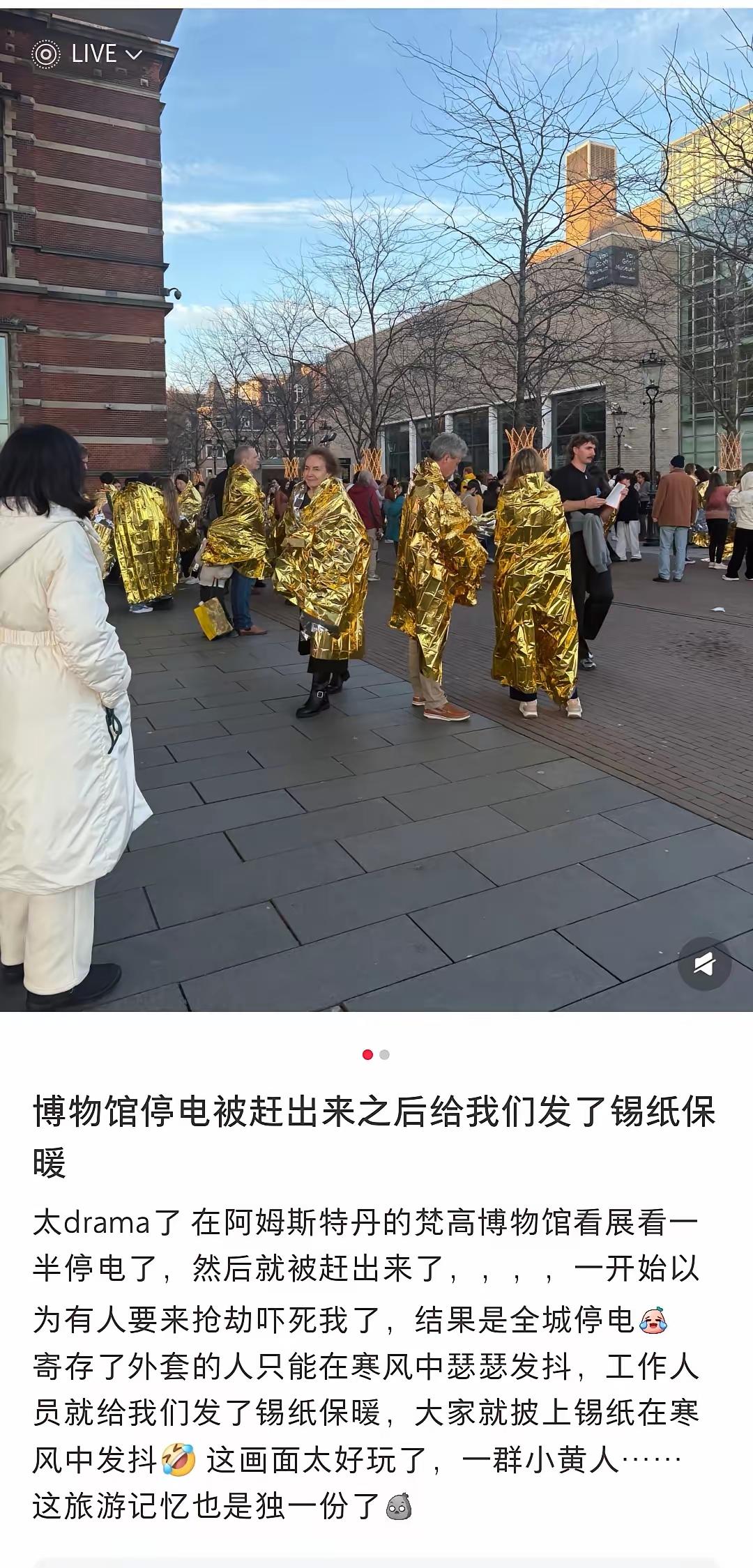 有博主分享了在荷兰阿姆斯特丹梵高博物馆的亲身经历：突遭全城停电，馆方无备用发电设
