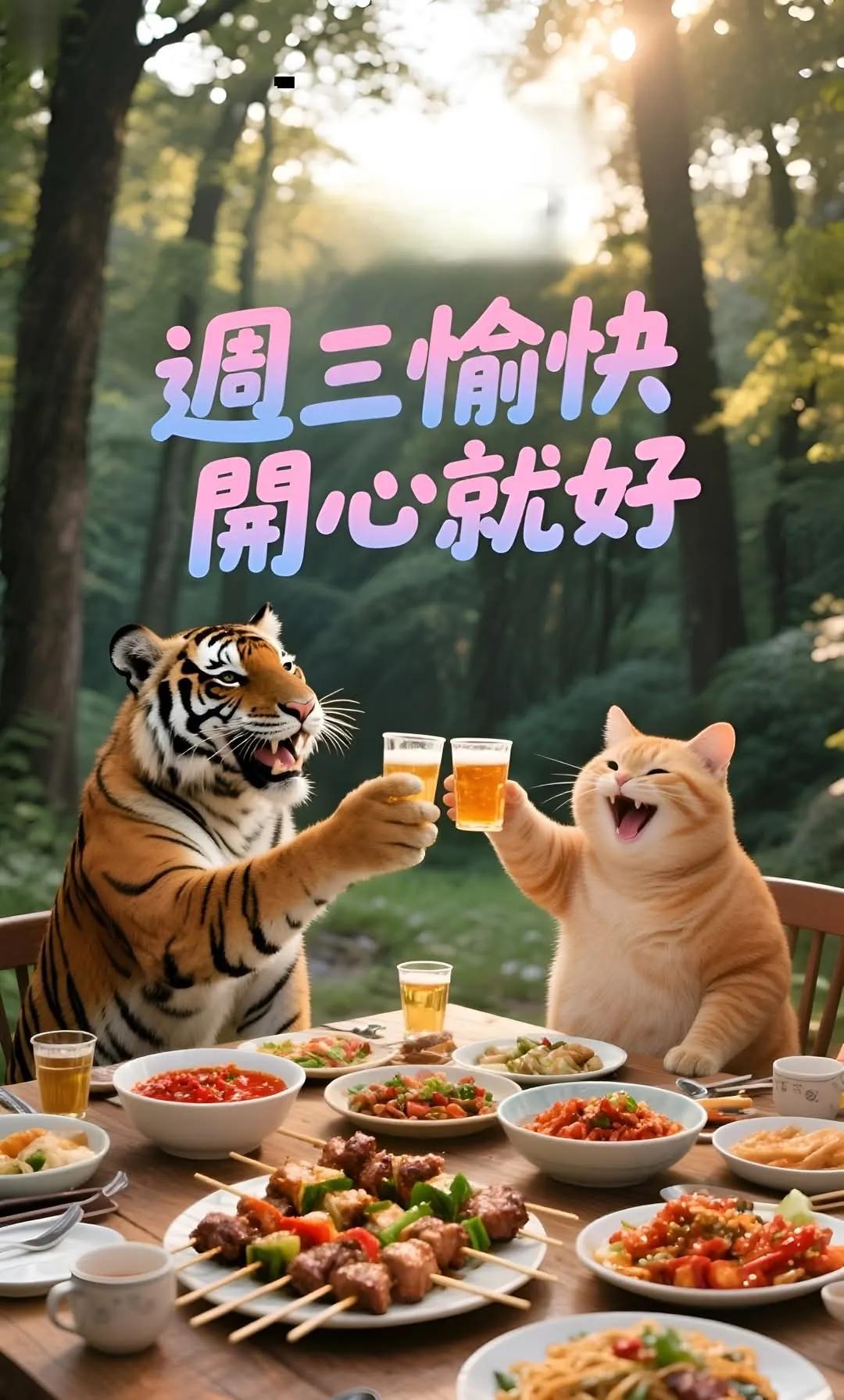 “周三是快乐的开始，干杯！”🍻🐯🐱🍜🍢