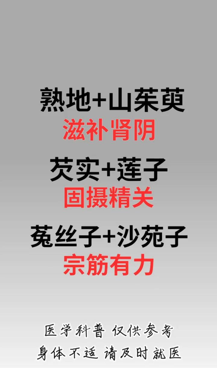 熟地+山茱萸滋补肾阴。·芡实+莲子固摄精关。·菟丝子+沙苑子宗筋有力。表现
