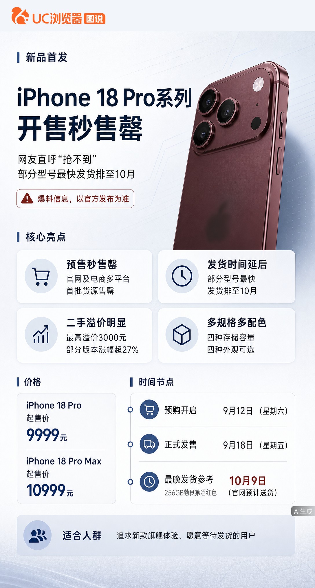 iPhone18Pro预售秒空，官网一度崩了！部分型号发货排到10月，第三方银色版溢价3000元。涨
