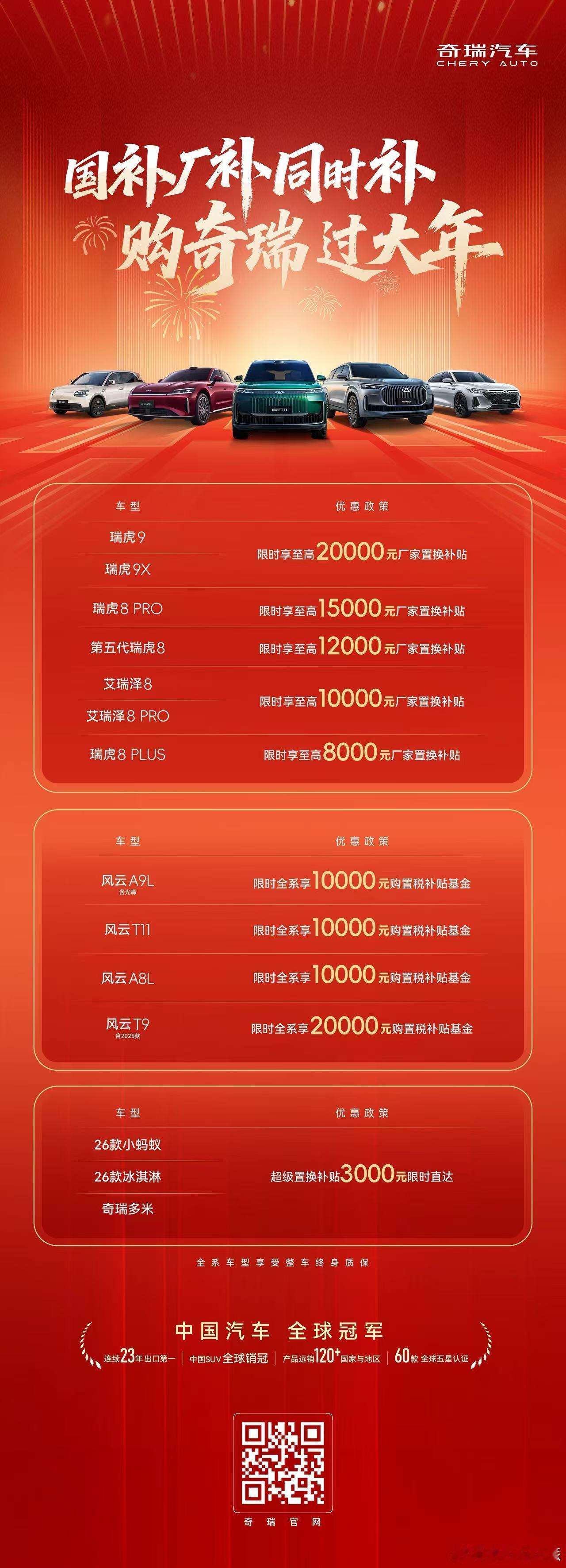 购奇瑞过大年国补厂补一起补至高20000元置换补贴全系车型享整车终身质保