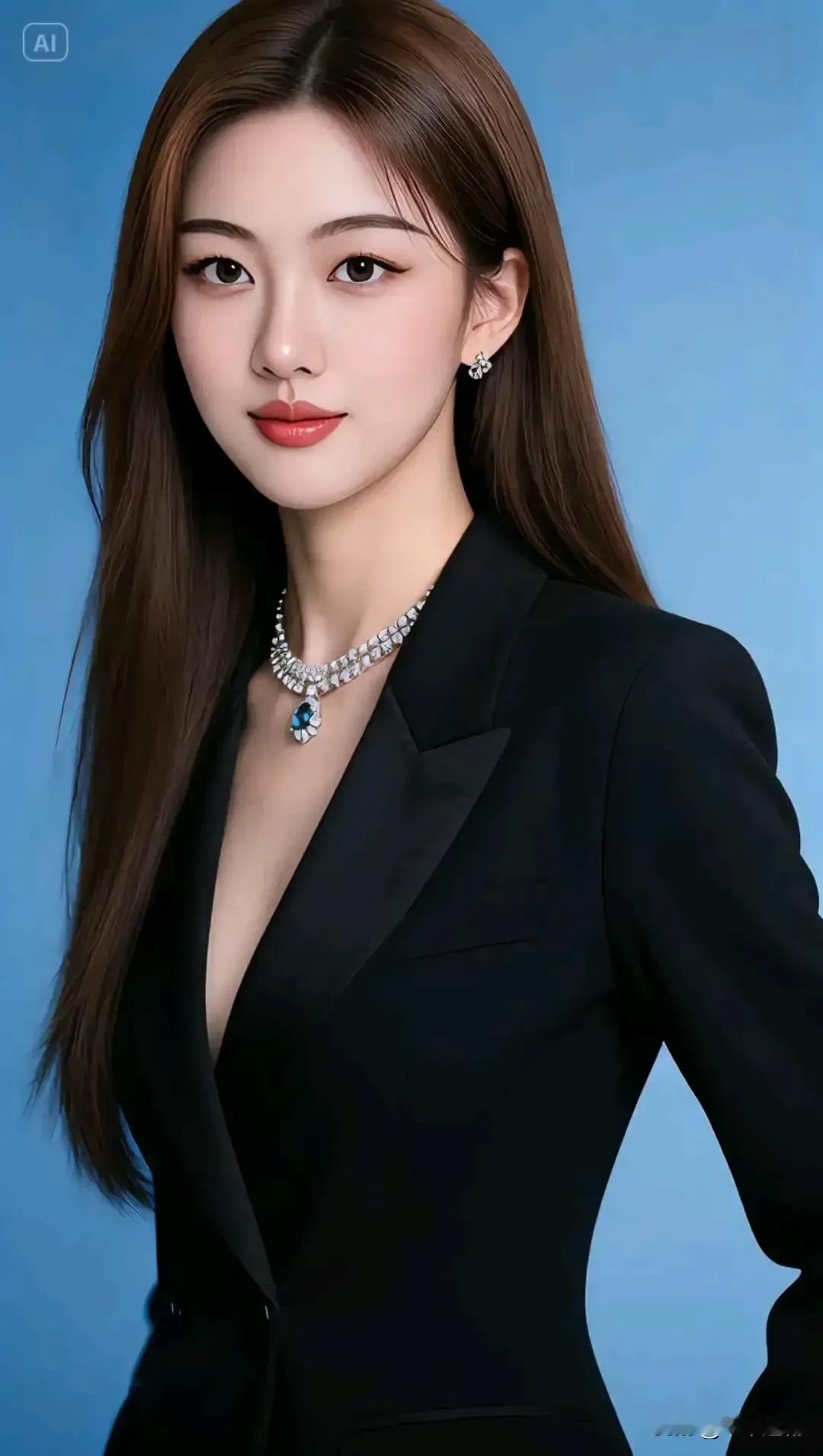 黑西装裁出冷的锋，颈间蓝钻碰碎光。唇上红甜浸了点柔，连冷调的风都软成了轻的形状。