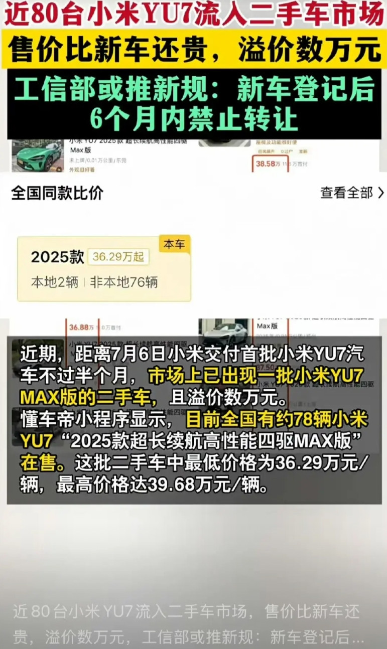 小米汽车真成“理财产品”了！刚交车半个月，就有近80台顶配YU7MAX被挂上二