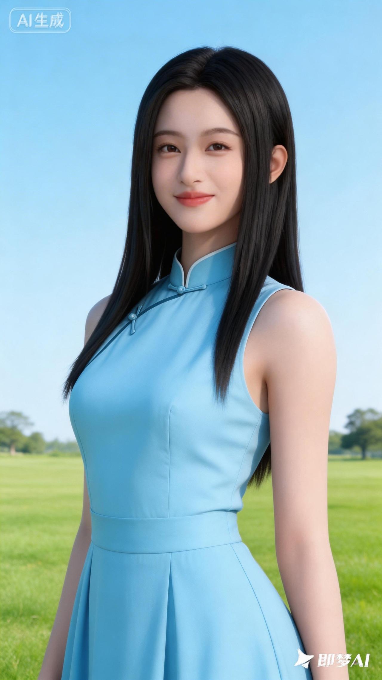 清新蓝裙少女，夏日草地上的优雅时光。