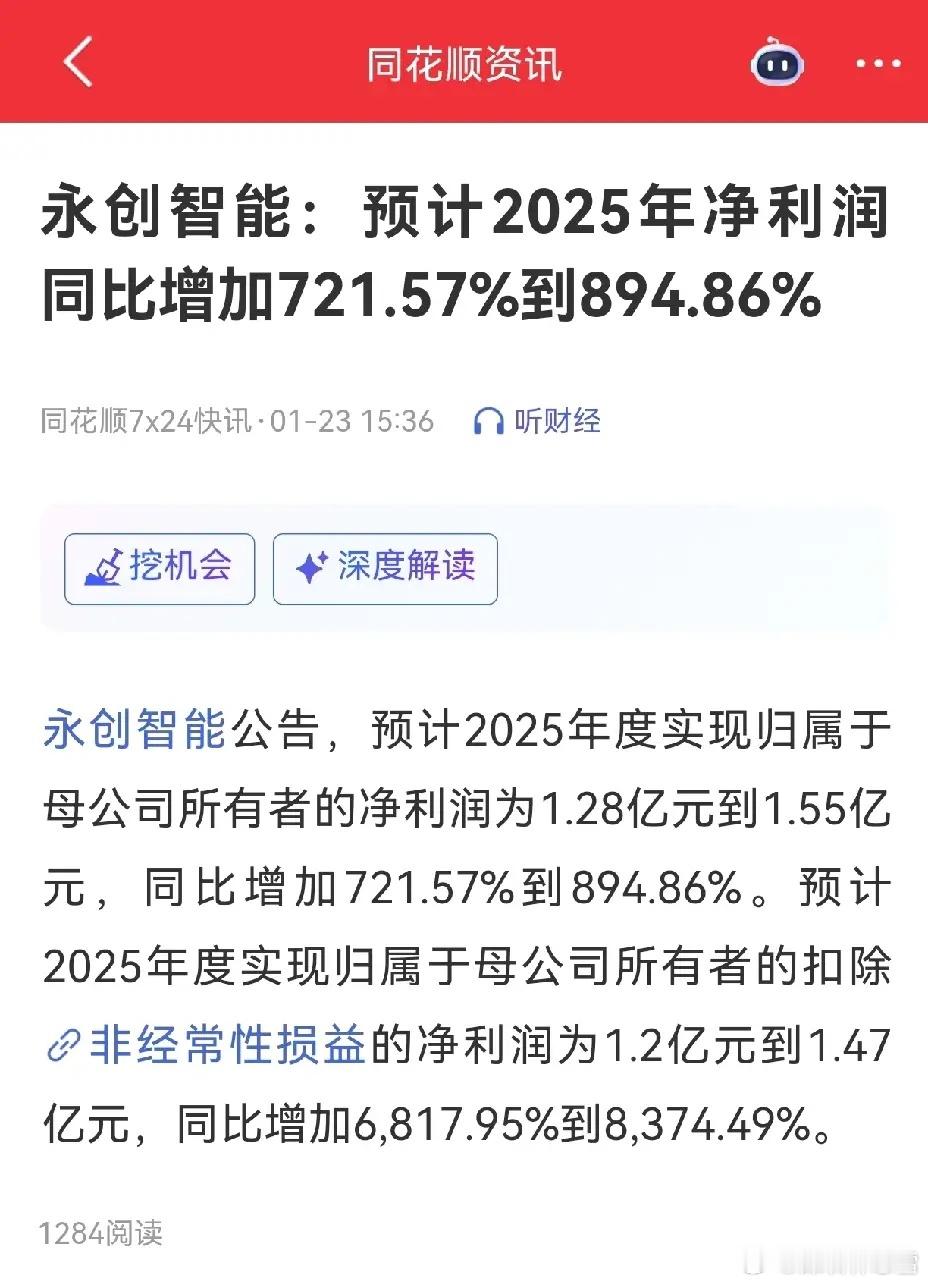 永创智能这波业绩预告太亮眼了！2025年扣非净利润同比暴增68-83倍，归母净利