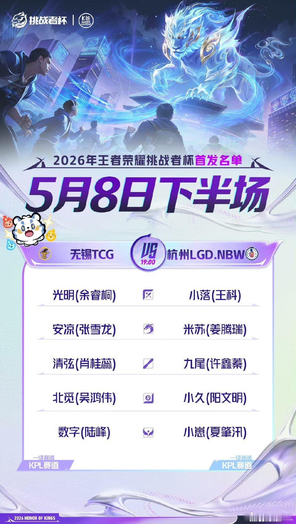 2026王者荣耀挑战者杯｜首发名单解说席上半场：瓶子北岛解说席下半场：一雪