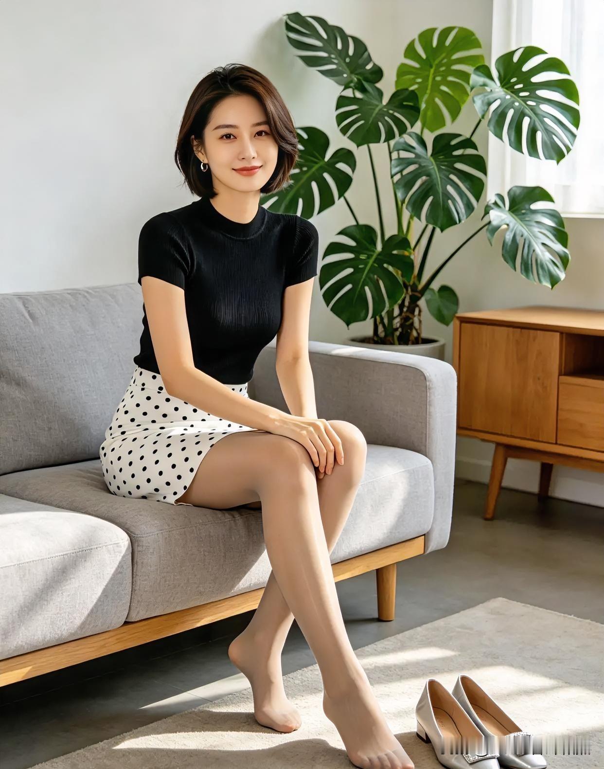 黑衫波点裙，阳光洒落慵懒午后，简约里透着松弛自在的生活美学。