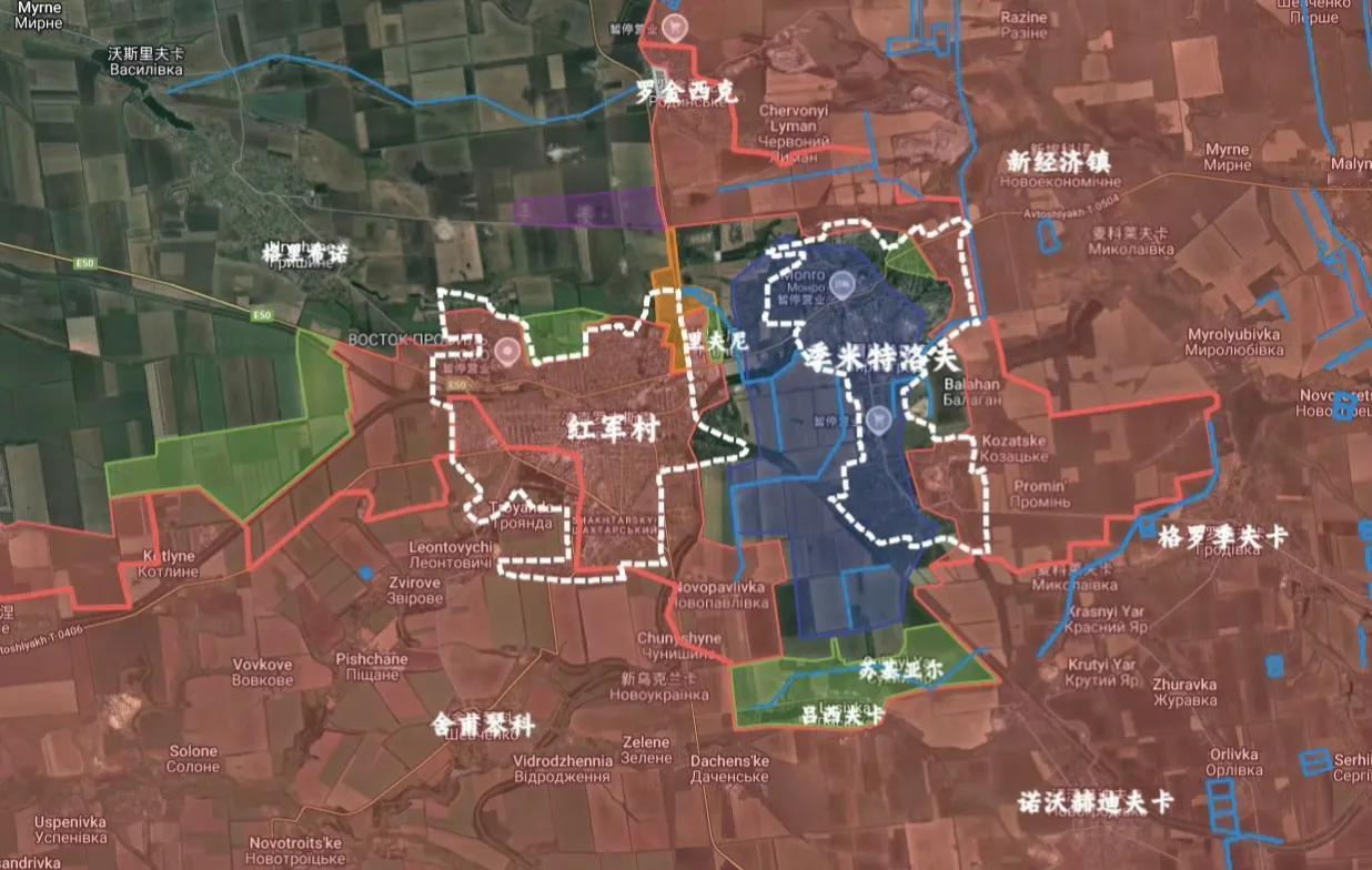 红军城方向俄军新的进展（绿色区域），最明显的是在红军城以西的进展，逼近格里希诺南