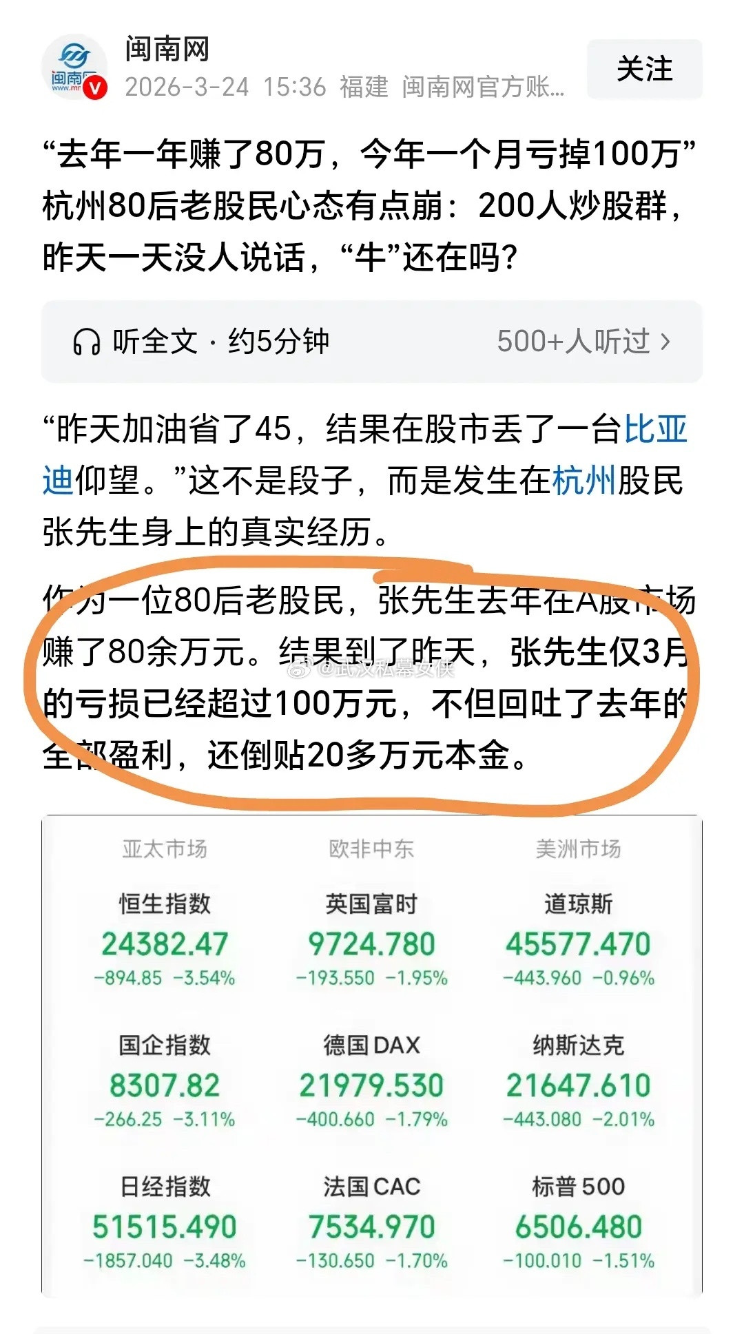 谁说牛市就稳赚不赔？现实狠狠打脸！就说杭州这位80后老股民，3月股市下跌，一下亏