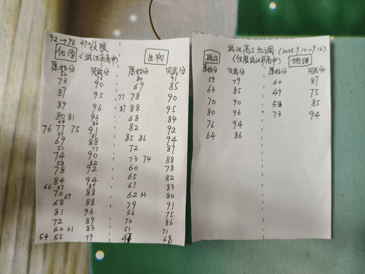 武汉九调赋分表分享！2025年9月14日傍晚时分，武汉市2026届高三九月调