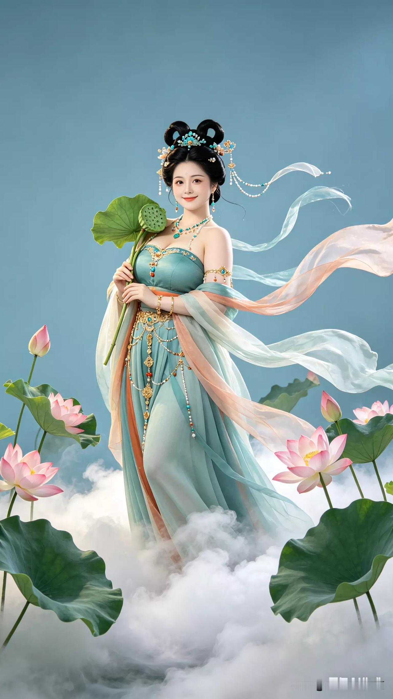 仙子荷塘立，碧波映笑颜。张立启原创书画AI作品古仕女发髻服饰集锦首发第708期汉