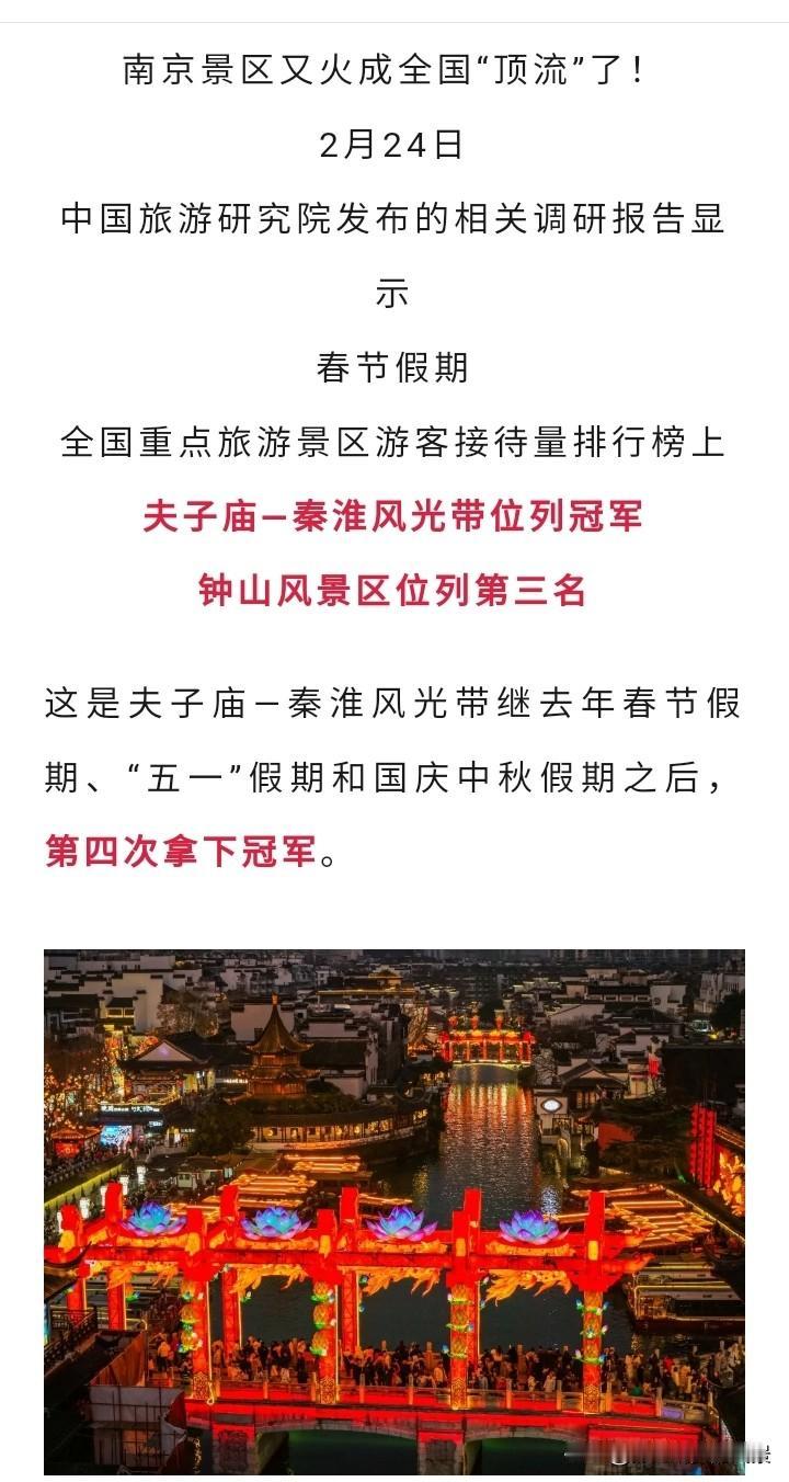 厉害，南京又夺得了第一，夫子庙景区又一次蝉联冠军，这可是野榜，而是由权威机构发布