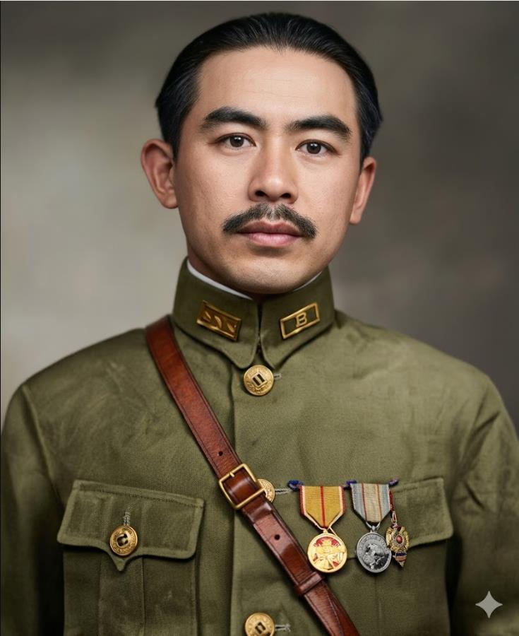 这张是“新疆王”盛世才戎装像。盛世才眼神阴沉，身着民国军官军装，斜跨武装带，胸