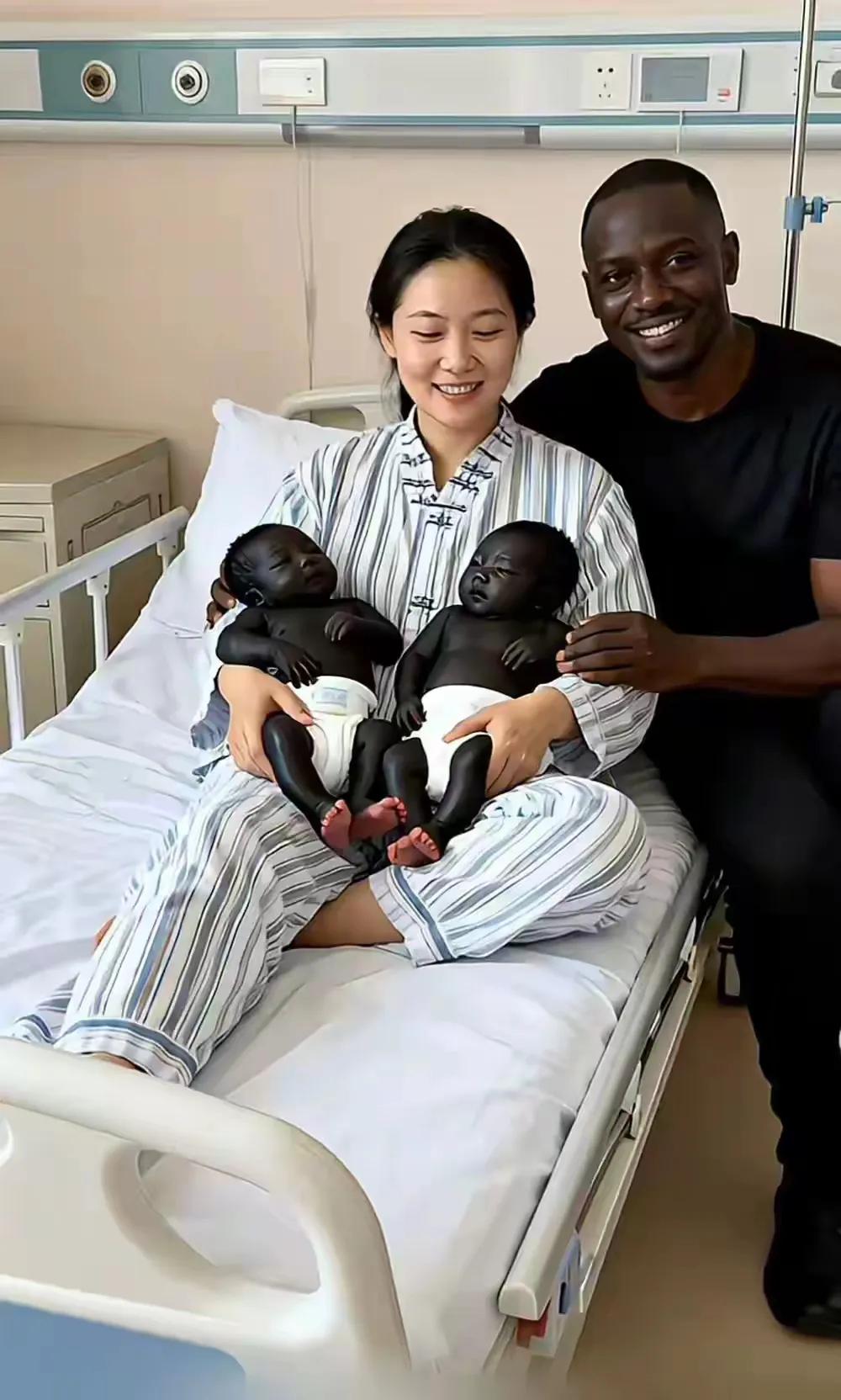 黑人的基因就是强大，生出来的孩子不但比自己还黑，而且还生了个双胞胎。