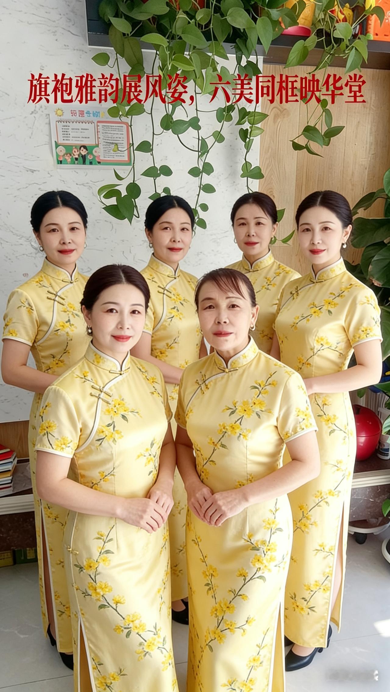 六美旗袍韵万千，娇姿倩影映堂前。芳心未许待佳客，君若相逢莫等闲。