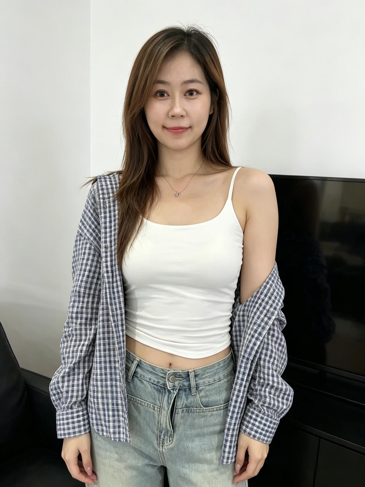 格纹衬衫松松披在肩头简单的白背心装着恰到好处的温柔干净的客厅安静的午后