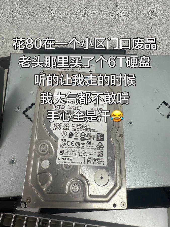 花80块在小区废品站淘到一块6T企业硬盘，全程紧张到不敢喘气。收废品大爷不