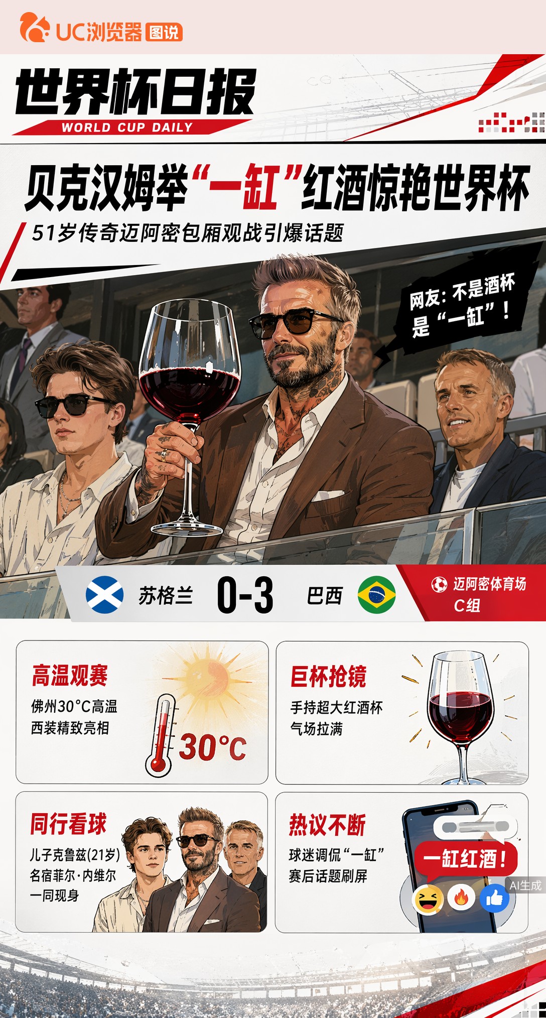 51岁贝克汉姆现身世界杯！30度高温捧巨型红酒杯，网友笑称"一缸"