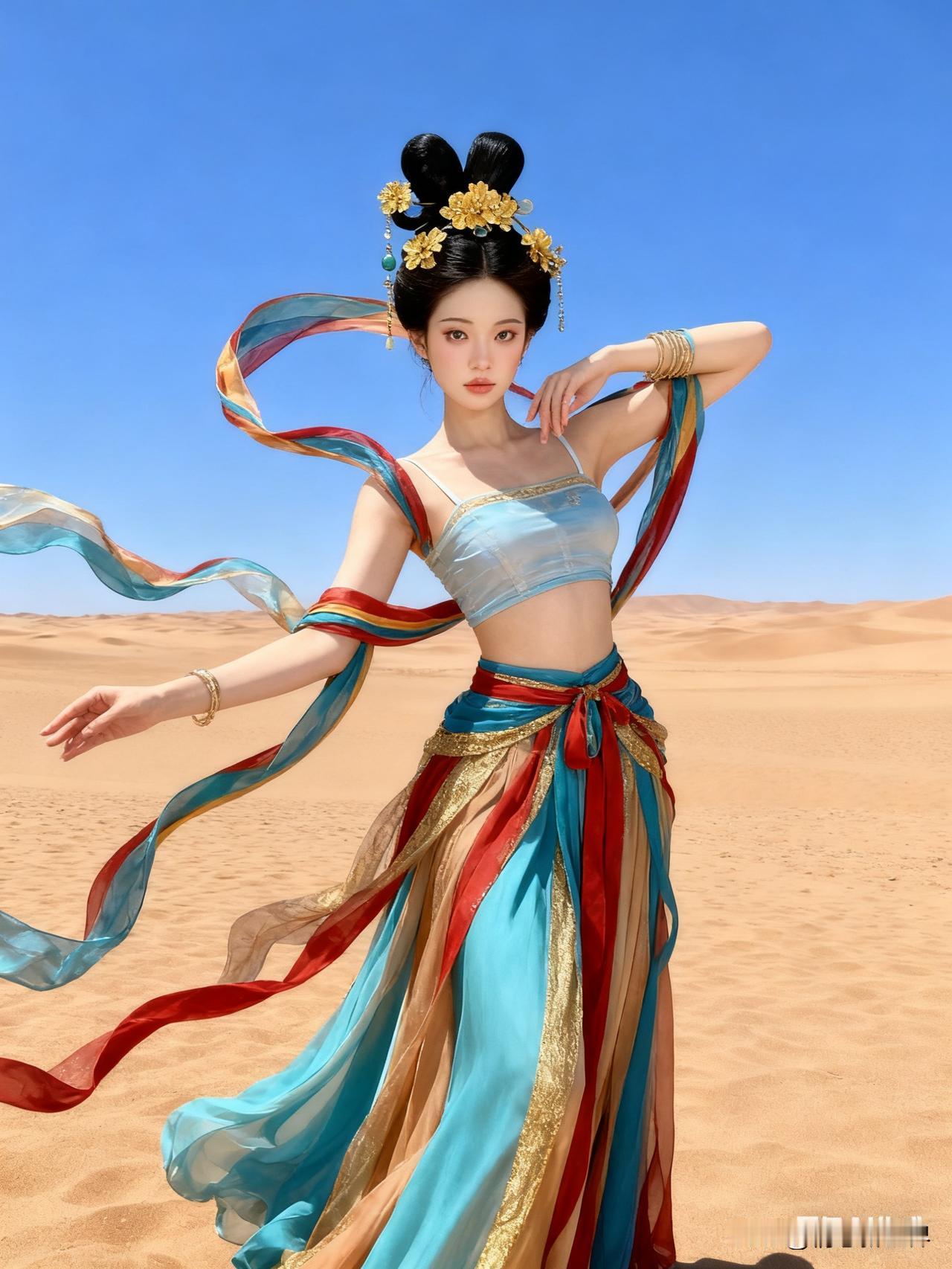 沙漠中的异域风情，惊艳的汉服与飘逸的丝带沙漠彩裙照沙漠华裳