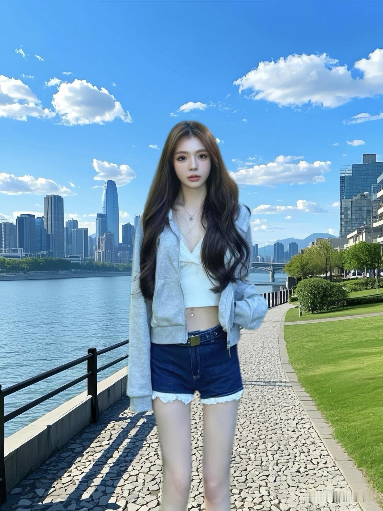 都市少女漫步河畔，时尚穿搭尽显青春活力