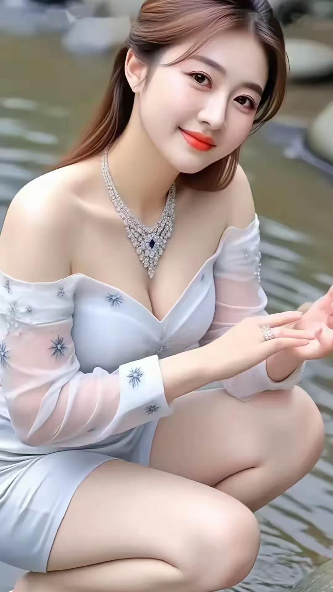 在波光粼粼的水边，一位身着星钻礼服的佳人轻蹲下来。那礼服上的星钻在阳光或月光下闪