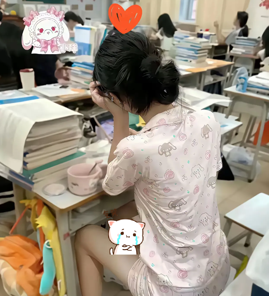 现在高中生太难了，衣服都没来的及换，穿睡衣就来上课！