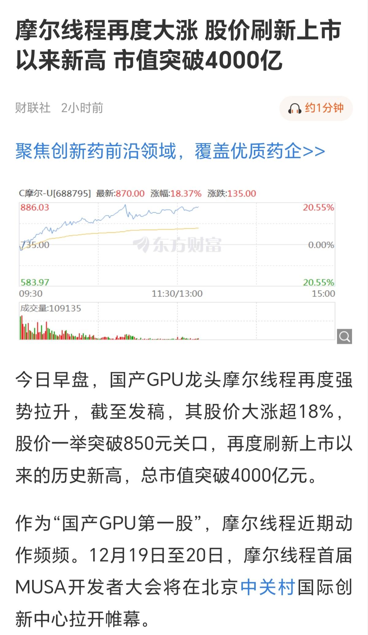 摩尔线程上市5天时间，市值已经突破4000亿，寒武纪5年时间市值都没有突破400