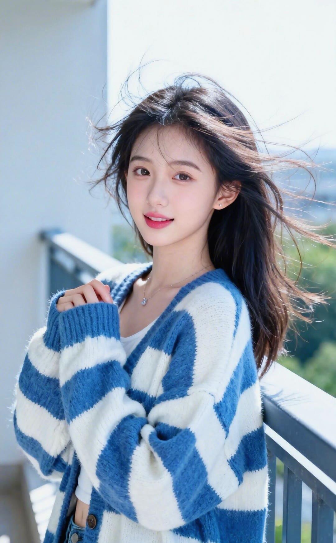 阳光下的甜美少女，蓝白条纹毛衣，温柔微笑
