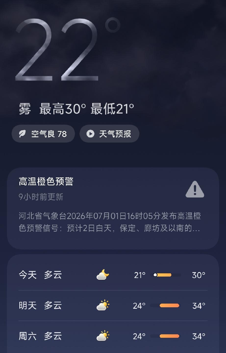 今天唐山的天气显示：多云，空气质量良，温度：21℃到30℃。台州晚报：河北唐山