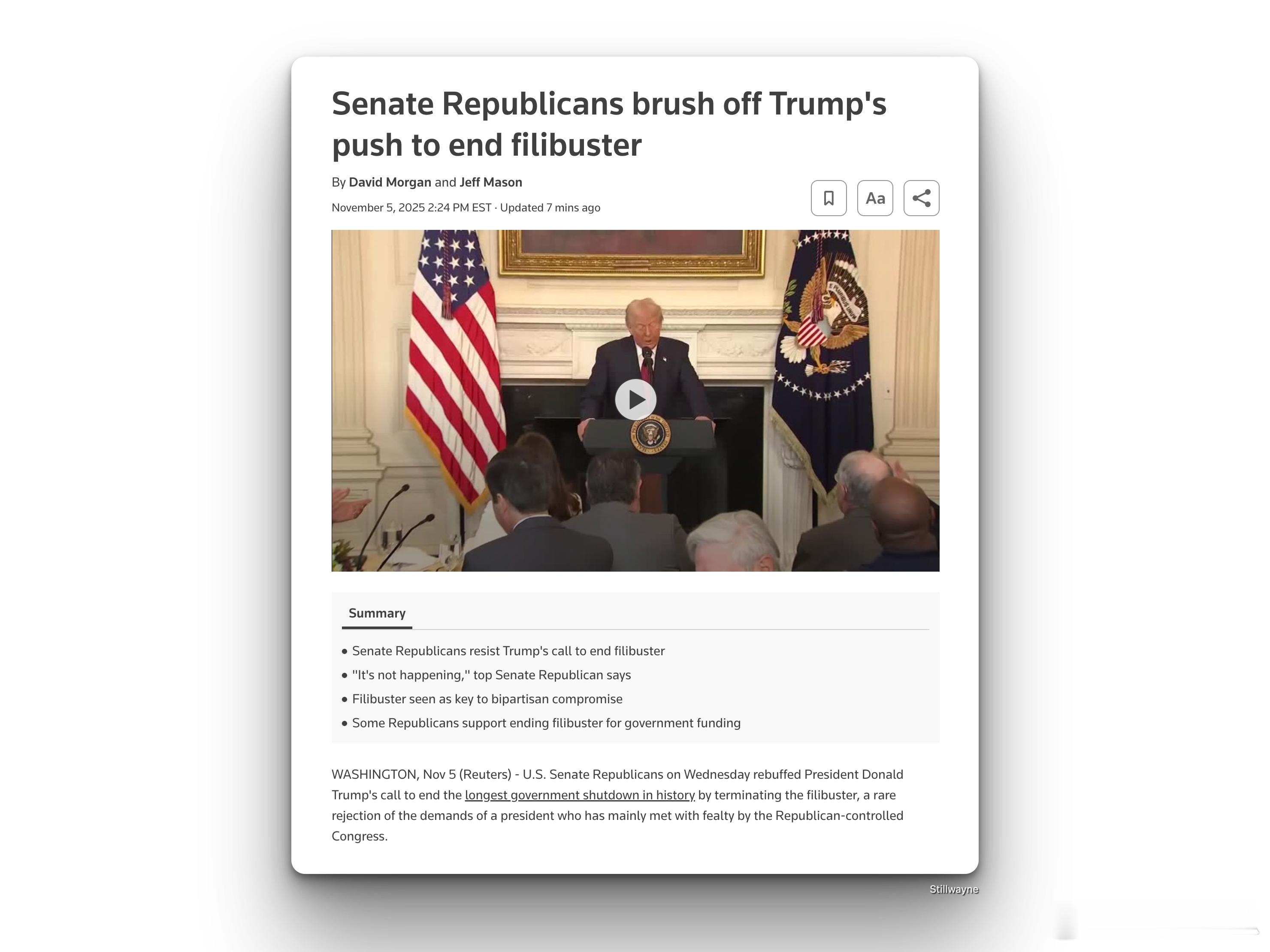 早餐白请了，参议院共和党人无视了特朗普要求废除阻挠议事制度的呼吁美国参议院共和党