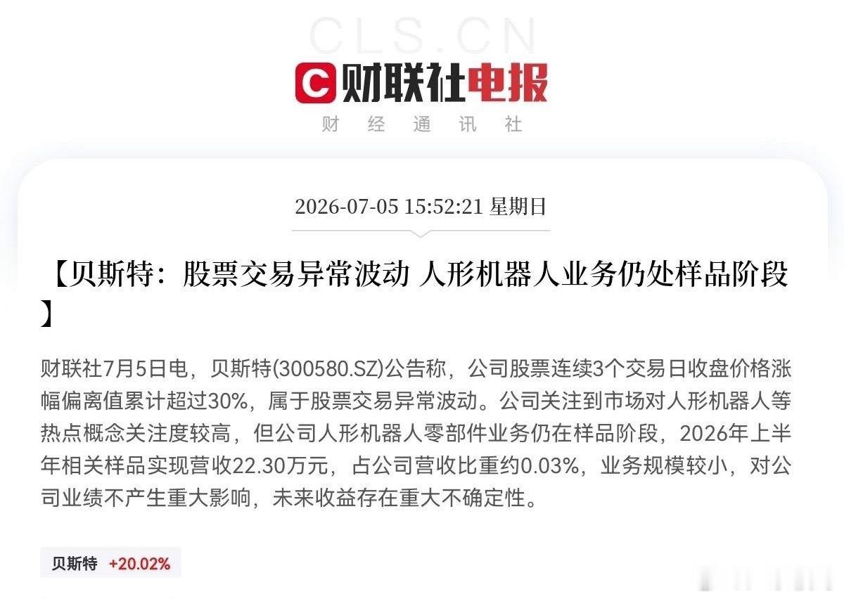 突发利空！突发利空！就在刚刚！贝斯特第一个站出来给人形机器人概念降温了下午3点5