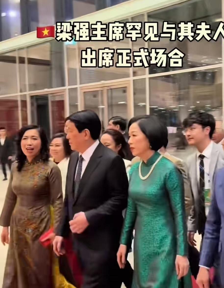 越南四驾马车之一梁强，他的夫人比较少参加活动或者典礼。出现最多的应该是苏林的夫人