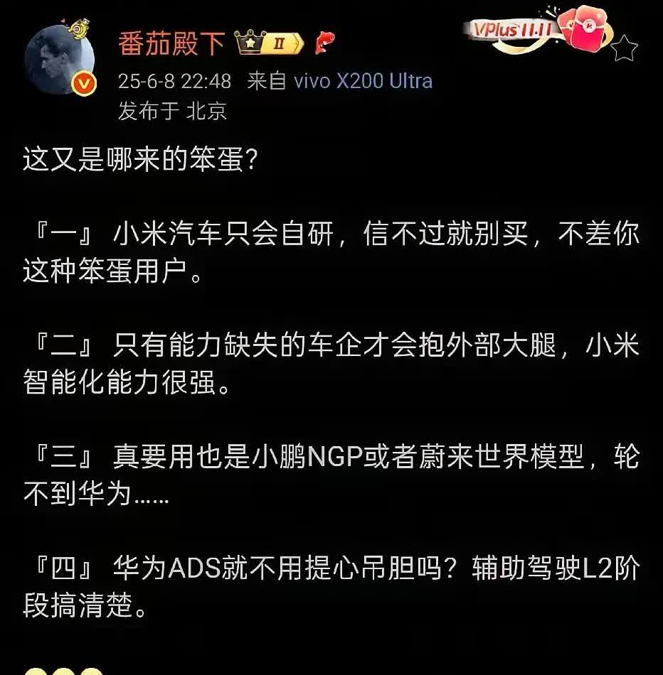 某粉丝头子破防了近日有网友给雷总建议用华为ADS，这样作为车主和路人在路